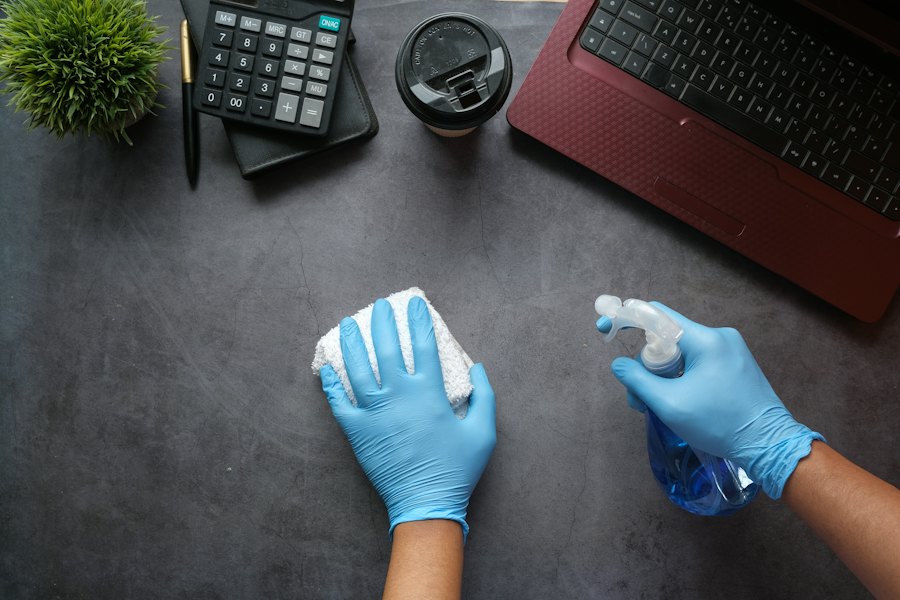 Cleaning a workspace with gloves and spray